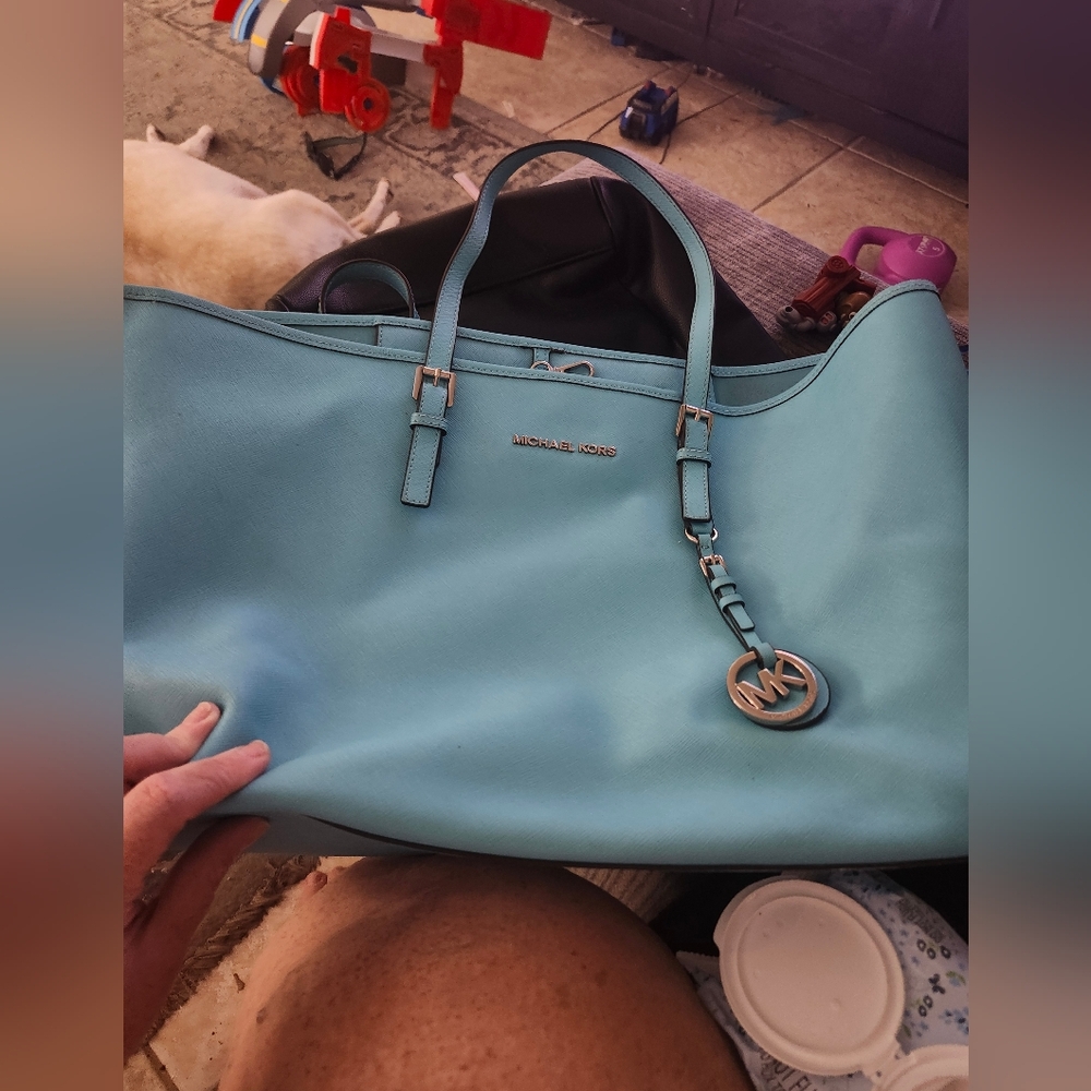 Michael Kors Blue Leather Tote with Silver Hardware